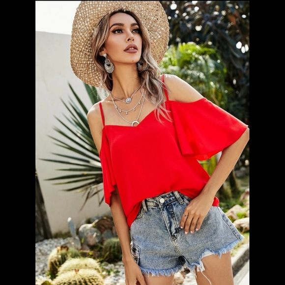 New Sale!!Red Cold Shoulder Blouse - Picture 2 of 5